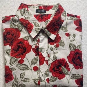 Coofandy Men's small %100 cotton Red roses button down short sleeve, raw edges